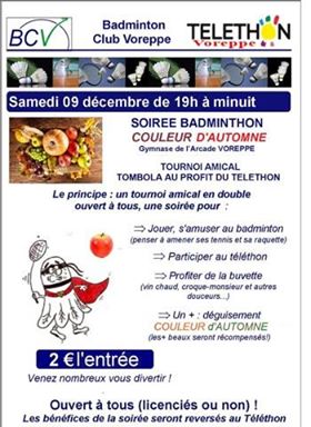 BADMINTHON 2017: ON COMPTE SUR VOUS Samedi 9 décembre de 19h à minuit , à l'Arcade de Voreppe BADMINTHON 2017: ON COMPTE SUR VOUS Samedi 9 décembre de 19h à minuit , à l'Arcade de Voreppe